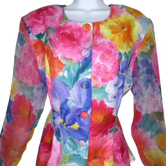 Vintage Floral Peplum Jacket Blouse Blazer Chiffon Sleeve Buttons Shoulder Pads - Picture 3 of 13